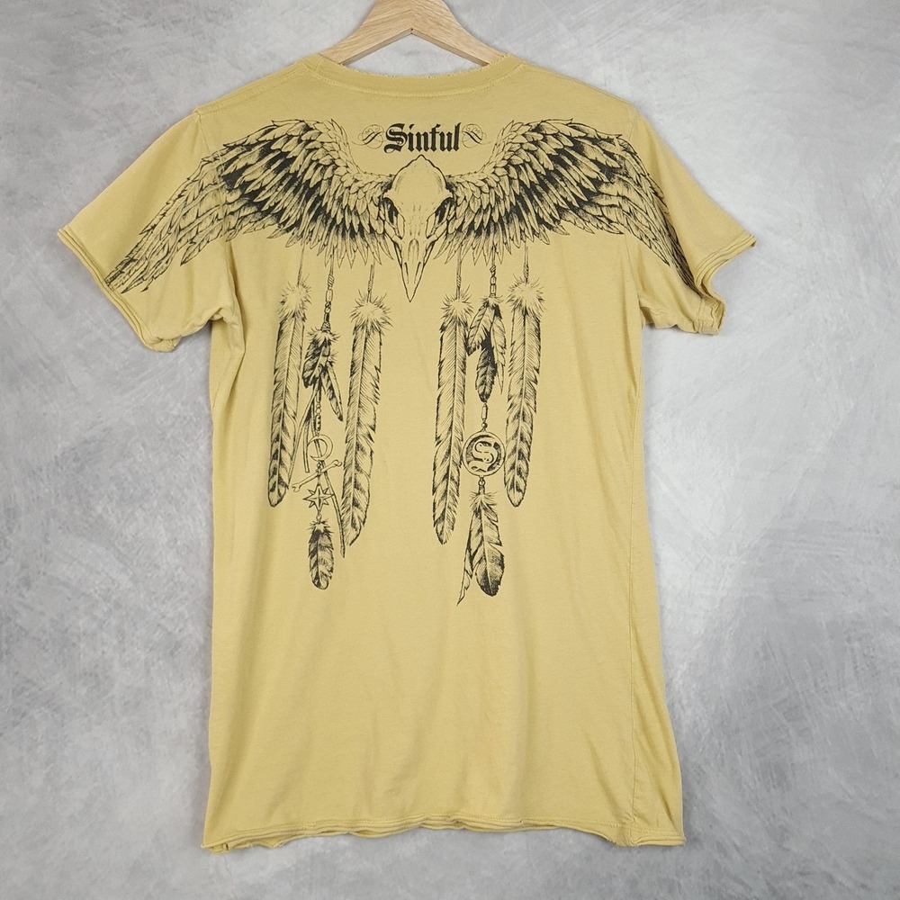 Sinful Afflitction Shirt Womens XL Yellow Graphic Wings Feathers Skull Fitted